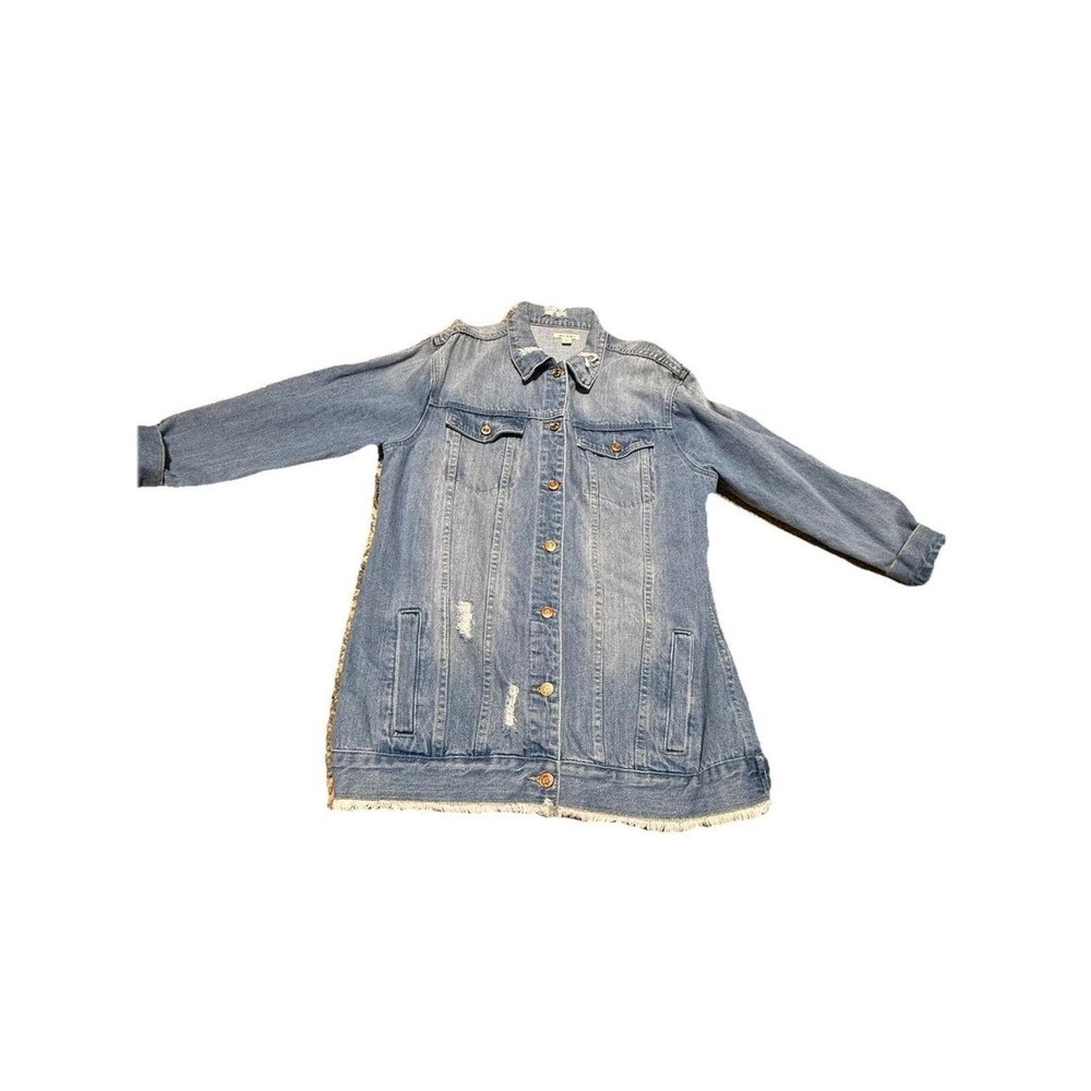 The Miami womens longline distressed denim jacket with a frayed hem